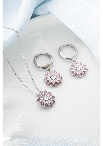 Tr 925 Ayar Gümüş Pembe Taşlı Kolye Küpe Set, Kadın Genel