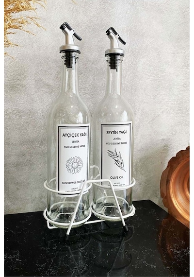 Beyaz Standlı Akıtıcılı Şeffaf 750 Ml Beyaz Etiketli Yağlık Yağda