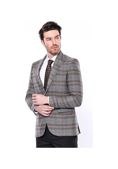 Wessi Ekose Desenli Slim Fit Kahverengi Erkek Ceket - Wessi Kahverengi