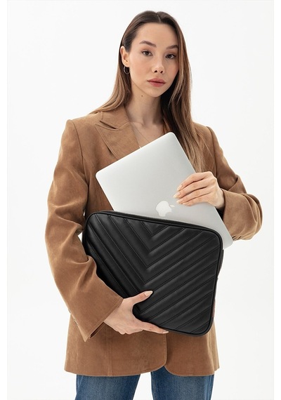 Omuz Askılı Notebook Çanta Tablet Laptop Kılıfı 13"-14" V Model Deri Siyah
