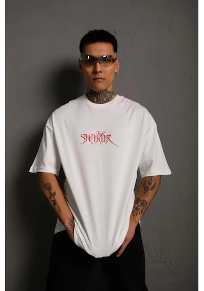Modi Erkek Oversize Tişört Beyaz 24/1 Penye Kumaş, Bisiklet Yaka, Ön - Arka Baskılı, Streetwear Tarzı Rahat Büyük Kalıp T-shirt- Beyaz
