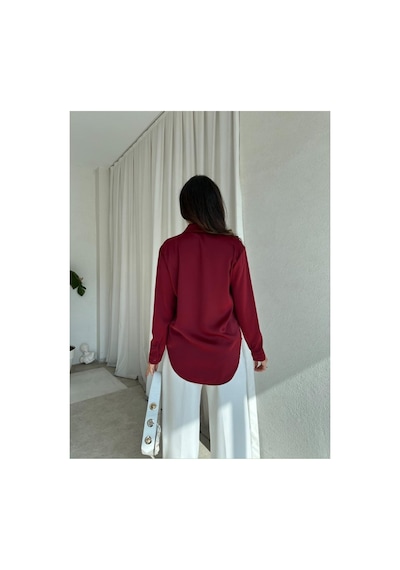 Rabia Çelik Kadın Bordo Düğmeli Saten Gömlek Bordo Bordo