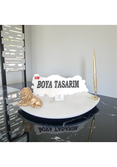 Doğal Beyaz Mermer Masa Ofis İsimlik Kalem Ve Aslanlı