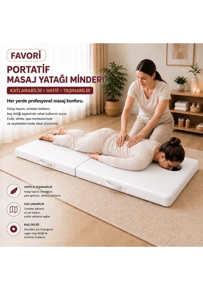 Masaj Yatağı Portatif Katlanabilir Masaj Yatağı Minderi 6 Cm Sünger 180x70 Cm Beyaz