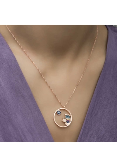 925 Ayar Gümüş Rose Altın Kaplama Kaplama Kaplama Nazarlı El Ve Ayak İzi Bayan Kolye Rose Gold