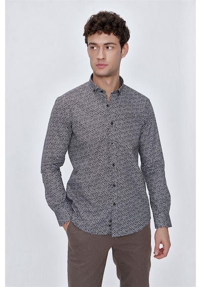 İmza Koyu Kahverengi Uzun Kol Baskılı Bez Ayağı Gömlek Yaka Klasik Slim Fit Dar Kesim Pamuklu Gömlek 1004225223-koyu Kahverengi Koyu Kahverengi