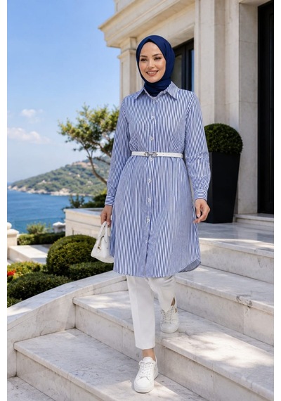 Hb Harma Time Butik Kadın Çizgi Desenli Kemerli Keten Lacivert Gömlek Lacivert Lacivert Hb Harma Time Butik Kadın Çizgi Desenli Kemerli Keten Lacivert Gömlek Lacivert Lacivert