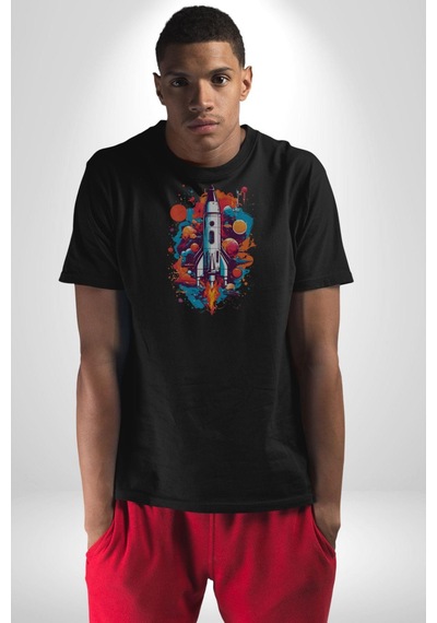 Uzay Aracı Roket Unisex Unisex Siyah Organik Baskılı T-shirt Penye Yüksek Kalite Siyah