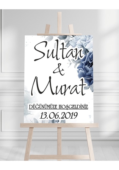 Söz Nişan Düğün İçin 50x70 Karşılama Panosu - Mavi Çiçek Ve Mavi Tasarımlı Beyaz