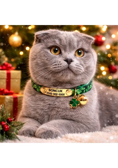 Sabit Künyeli İsimli Kedi Tasması, Güvenlik Kilitli Kedi Tasması, İsimli Kedi Tasması Zımbalı Model Yonca Desenli