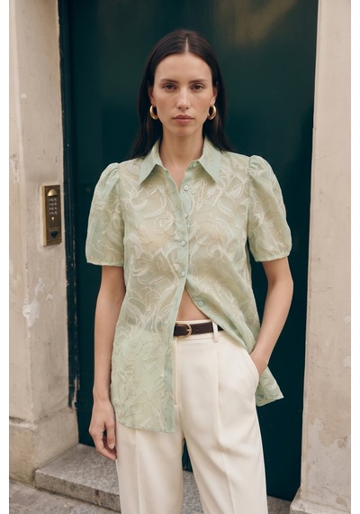 Sateen Nakışlı Kısa Kollu Gömlek - Mint-137756 Mint Yeşili