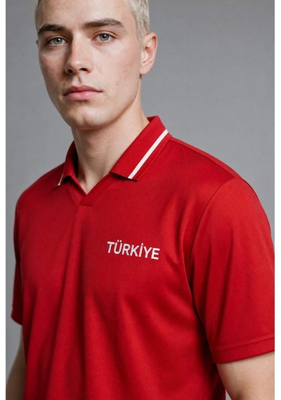 Defacto Boxy Fıt Türkiye Nakışlı Kısa Kollu Polo Kırmızı Tişört I2025ax26smrd62 Kırmızı-rd62