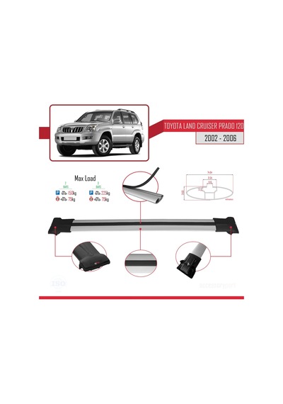 Toyota Land Cruiser Prado J120 2002-2006 Arası İle Uyumlu Fly Model Ara Atkı Tavan Barı Gri