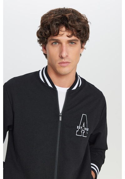 AC&Co / Altınyıldız Classics Erkek Sıyah 2 İplik Pamuklu Standart Fit Normal Kesim Fermuarlı Kolej Yaka Yan Cepli Sweatshirt Siyah