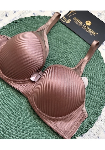 Evelyn Parlak Saten Çizgi Detaylı C Cup Balenli Desteksiz Önü Tül Kahverengi
