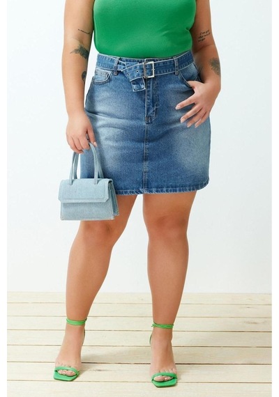 Ersefa Moda Büyük Beden Regular Düz Desen Günlük Mini Boy Kemerli Mini D Mavi