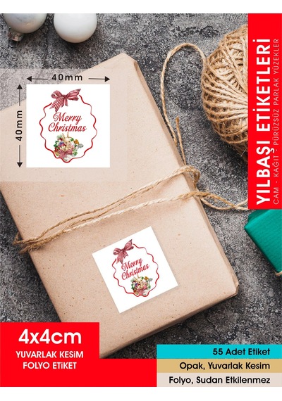 Yılbaşı Etiket Tavşanlı-1, Merry Christmas, 4 Cm-55 Adet Folyo Sticker Çok Renkli