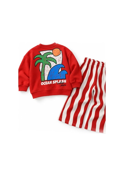 Monila Erkek Çocuk Kırmızı Baskılı 3 İplik Kumaş Pamuklu Sweatshirt Ve Kırmızı Çizgili Eşofman Altüst Takım
