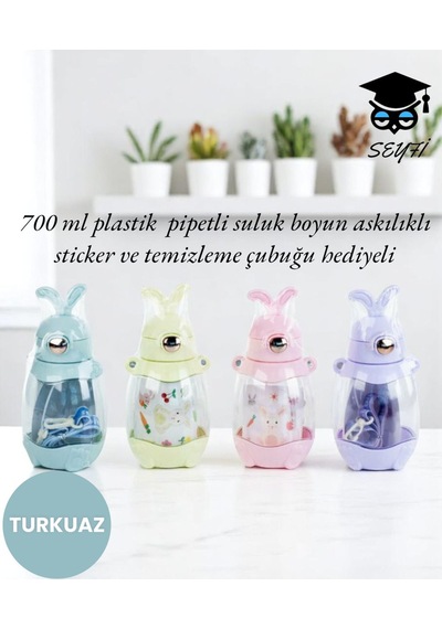 700 Ml Plastik Pipetli Suluk Boyun Askılıklı Sticker Ve Temizleme Çubuğu Hediyeli Turkuaz
