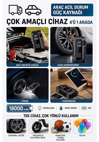 Tr Araç Akü Takviye Cihazı Hava Kompresörü 4'ü1 Arada Şarjlı Marş Basma Jump Starter Powerbank 18000mah