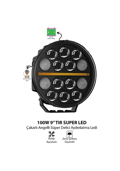Tır Kamyon İş Makinesi 9 İnç Led Sis Farı Angel Halka Metal Döküm Kasa 100 W Çalışma Lambası 12-24v
