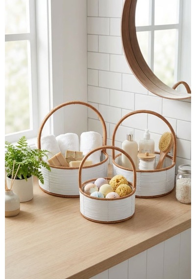 3 Parça Çok Amaçlı Rattan Sepet Seti Modern Beyaz Seri Beyaz