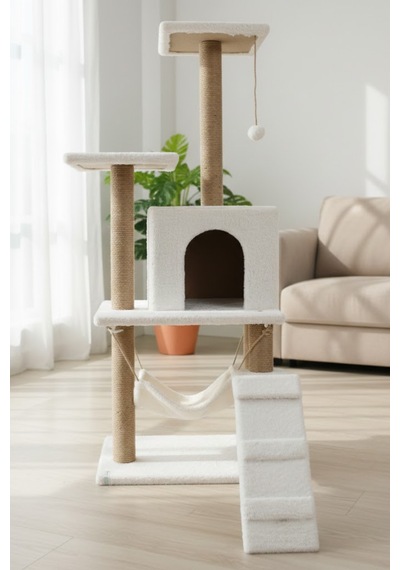 Missidea B07 Hamaklı Yuvalı Lüx Kedi Tırmalama Oyun Evi Beyaz