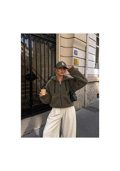 Nilza Kadın Teddy Peluş Ceket Kapüşonlu Fermuarlı Cepli Oversize Sweatshirt Haki