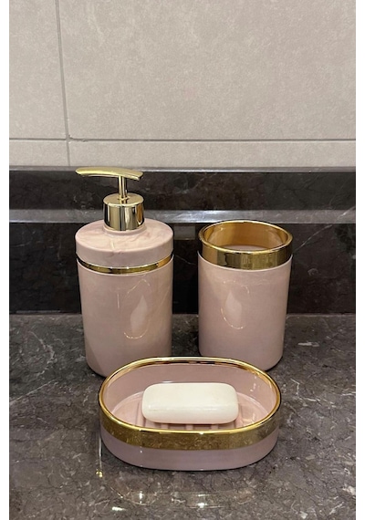 Makri Home Banyo Seti 5'li,akrilik-çöpkovası,wc Fırçalık,sıvı Sabunluk,diş Fırçalık,el Sabunluk,gold Renk Detay Somon
