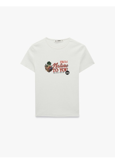 Koton Pamuklu Slim Fit Kısa Kollu Bisiklet Yaka Meyve Baskılı Tişört Ekru 6sal10915ık