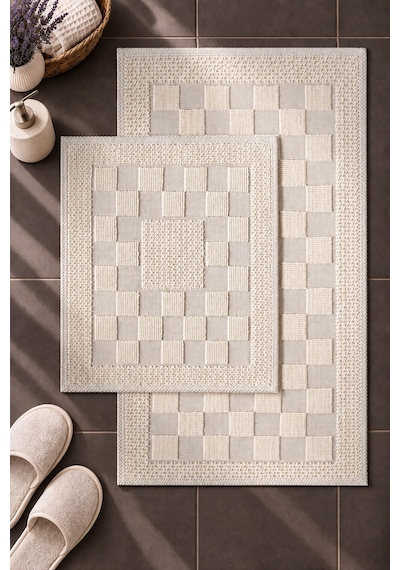 Sakura Sk014a Doğal Pamuk 2'li Banyo Paspas Seti 60x100 60x50cm Kaymaz Taban Makinada Yıkanabilir Kemik