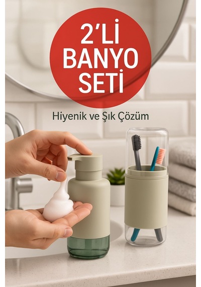 2'li Pratik Sıvı Sabunluk Ve Diş Fırçalık Seti Taş Gri Diğer