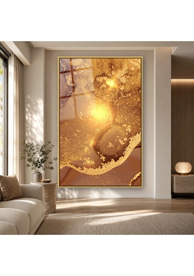 Kahve Karamel Altın Tozlu Doku Gold Çerçeveli Cam Tablo