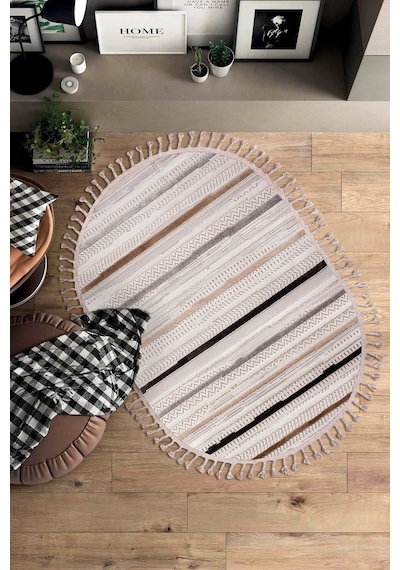 Enti Bonn 8803 Bej Oval Iskandinav Halı Salon Halısı Kesme Halı Yolluk Krem