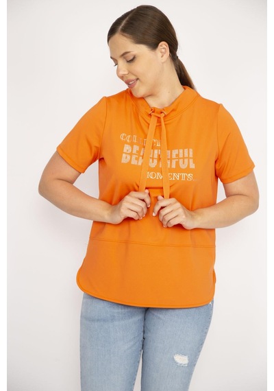 Şans Kadın Oranj Büyük Beden Yakası Kuşgözü Bağcık ve Taş Detaylı Sweatshirt-oranj Turuncu