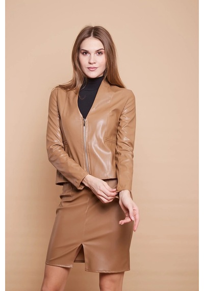 Ekolojik Suni Deri V Yaka Uzun Kol Fermuarlı Blazer Ceket-koyu Bej K.bej