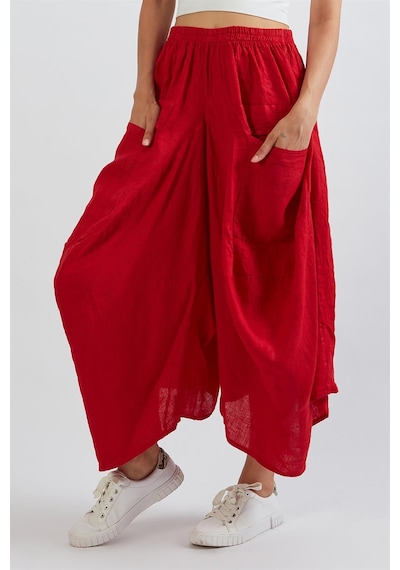 Bohem Stil İtalyan Cepli Keten Şalvar Pantolon Cmn00154 Kırmızı