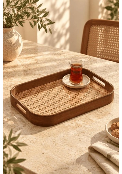 Atbyhome Akasya Çerçeveli Hazeran Dikdörtgen Tepsi 40x28 Cm - Kulplu Bohem Çay Kahve Sunum Tepsisi