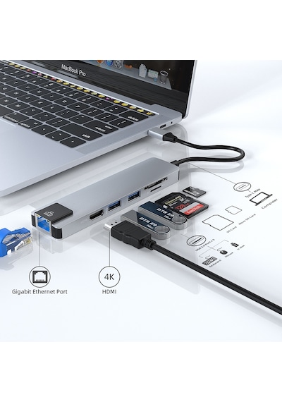 Smartgift 6 Port USB Hub Type-C Ethernet/HDMI USB 3.0 Çoklayıcı Adaptör
