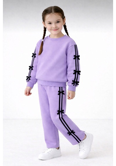 Beka Kids Kız Çocuk Şeritli Ve Kurdele Detaylı Pantolonu Cepli Rahat Eşofman Takımı Mor Beka Kids Kız Çocuk Şeritli Ve Kurdele Detaylı Pantolonu Cepli Rahat Eşofman Takımı Mor
