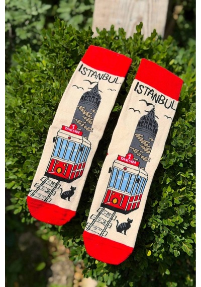 Lousocks Unisex İstanbul Nostaljik Tramvay Desenli Krem Soket Çorap