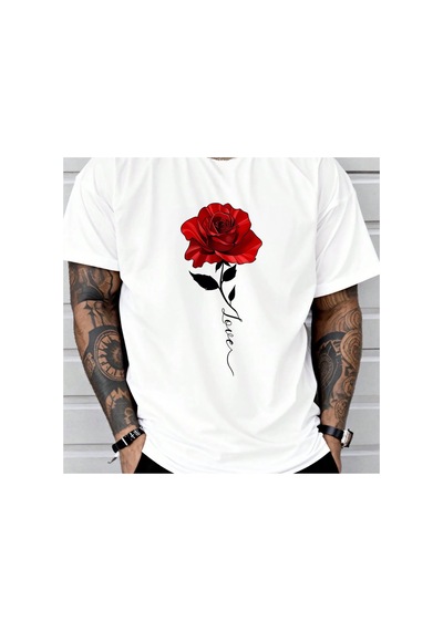 Caddemia Yaz Moda Rahat Gevşek Büyük Gül Desen Baskılı Spor Yuvarlak Yaka Kısa Kollu Beyaz 2XL