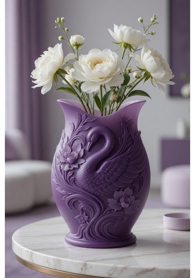 Kuğu Desenli Dekoratif Vazo 15 Cm 3d Baskılı Mat Dokulu Şık Masa Ve Raf Dekoru Mor