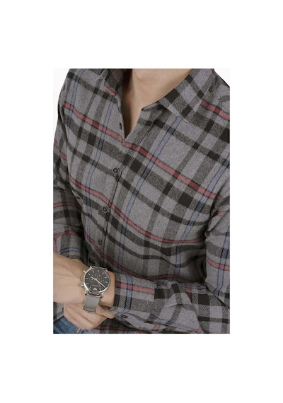 Füme Kırmızı Çizgi Slimfit Oduncu Erkek Gömlek Füme
