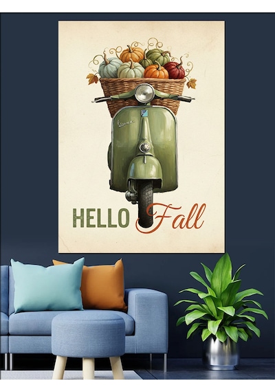 Ahşap Tablo Sonbahar Çiçeği Balkabağı Sepeti Vespa İnsan Figürlü Tablolar