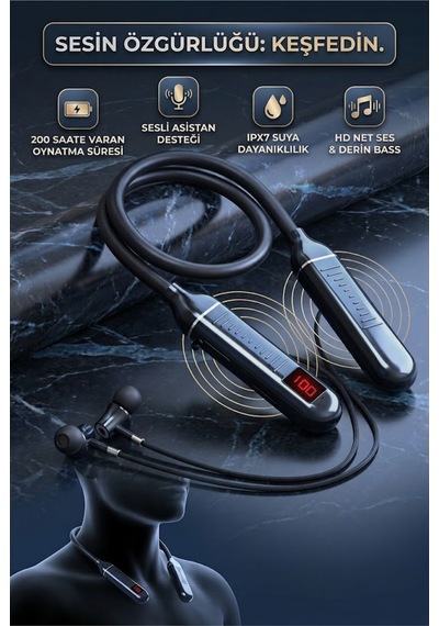 A15 Boyuna Asmalı Spor Bluetooth Kulaklık Şarj Göstergeli Sd Kart Girişi 200 Saat Müzik Dinleme Siyah - 570545110