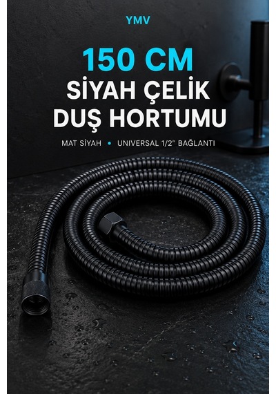 Ymv 150 Cm Siyah Pvc Duş Hortumu Esnek Dayanıklı Banyo Duş Başlığı Spiral Hortum