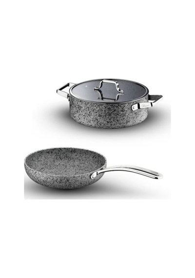Brioni Stone-age 3 Parça 24 Cm Basık- 24 Cm Tava Çizilmez Yanmaz Yapışmaz Kombin Tencere Tava Seti Gri