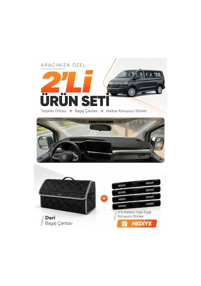 E-biz Volkswagen Transporter 2025-sonrası Uyumlu Torpido Örtüsü + Deri Çanta - Siyah-gri - Vw035