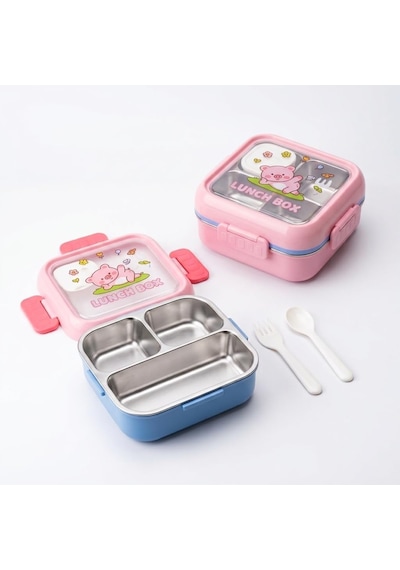 Paslanmaz Çelik 3 Bölmeli Kilitli Yemek Kabı 2000 Ml, Çatal Kaşık Dahil Renkli Desenli Lunch Box, Çelik İç Hazneli Saklama Ve Taşıma Kabı